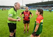 23 July 2023; Referee Justin Murphy Cork with Carlow captain Ruth Bermingham and Down captain Meghan Doherty before the TG4 LGFA All-Ireland Junior Championship semi-final match between Down and Carlow at Parnell Park in Dublin. Photo by Eóin Noonan/Sportsfile