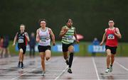 23 July 2023; From left, Luke Calitz of Limerick A.C., Limerick, Leon Ewere of Castlegar A.C., Galway, and Marc O'Brien of Dooneen A.C., Clare, compete in the boy's under 17 200m during day three of the 123.ie National Juvenile Track and Field Championships at Tullamore Harriers Stadium in Offaly. Photo by Stephen Marken/Sportsfile