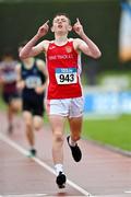 23 July 2023; Steven O'Neill of Ennis Track A.C., Clare, crosses the line in the boy's under 14 1500m during day three of the 123.ie National Juvenile Track and Field Championships at Tullamore Harriers Stadium in Offaly. Photo by Stephen Marken/Sportsfile
