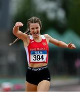 23 July 2023; Gemma Galvin of Ennis Track A.C., Clare, celebrates her victory in the girl's under 17 1500m during day three of the 123.ie National Juvenile Track and Field Championships at Tullamore Harriers Stadium in Offaly. Photo by Stephen Marken/Sportsfile