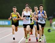 23 July 2023; Dáire McCarthy of Donore Harriers A.C., Dublin, 712, leads the pack in the boy's under 16 1500m during day three of the 123.ie National Juvenile Track and Field Championships at Tullamore Harriers Stadium in Offaly. Photo by Stephen Marken/Sportsfile
