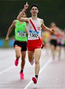 23 July 2023; Caolan Mcfadden of Cranford A.C., Donegal, celebrates his victory in the boy's under 17 1500m during day three of the 123.ie National Juvenile Track and Field Championships at Tullamore Harriers Stadium in Offaly. Photo by Stephen Marken/Sportsfile
