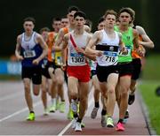 23 July 2023; Charlie White of Donore Harriers A.C., Dublin, 718, leads the pack in the boy's under 17 1500m during day three of the 123.ie National Juvenile Track and Field Championships at Tullamore Harriers Stadium in Offaly. Photo by Stephen Marken/Sportsfile