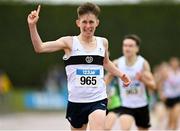 23 July 2023; Liam Morris of Donore Harriers A.C., Dublin, celebrates his victory in the boy's under 16 1500m during day three of the 123.ie National Juvenile Track and Field Championships at Tullamore Harriers Stadium in Offaly. Photo by Stephen Marken/Sportsfile