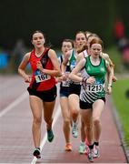 23 July 2023; Isabel Cuffe of Lucan Harriers A.C., Dublin, left, and Aisling Smith of Ballymena and Antrim A.C., Antrim, compete in the girl's under 17 1500m during day three of the 123.ie National Juvenile Track and Field Championships at Tullamore Harriers Stadium in Offaly. Photo by Stephen Marken/Sportsfile