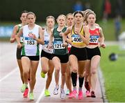 23 July 2023; Claire Crowley of Leevale A.C., Cork, 406, leads the pack in the girl's under 18 1500m during day three of the 123.ie National Juvenile Track and Field Championships at Tullamore Harriers Stadium in Offaly. Photo by Stephen Marken/Sportsfile