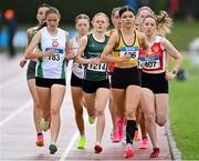 23 July 2023; Claire Crowley of Leevale A.C., Cork, 406, leads the pack in the girl's under 18 1500m during day three of the 123.ie National Juvenile Track and Field Championships at Tullamore Harriers Stadium in Offaly. Photo by Stephen Marken/Sportsfile