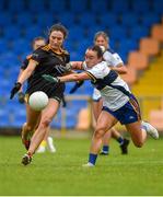23 July 2023; Maria O'Neill of Antrim is tackled by Áine Keane of Clare during the TG4 LGFA All-Ireland Intermediate Championship semi-final match between Antrim and Clare at Glennon Brothers Pearse Park, Longford. Photo by Tom Beary/Sportsfile