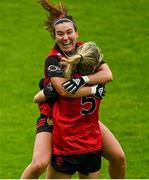 23 July 2023; Aimee Greene of Down celebrates with teammate Natalie McKibbin after the TG4 LGFA All-Ireland Junior Championship semi-final match between Down and Carlow at Parnell Park in Dublin. Photo by Eóin Noonan/Sportsfile