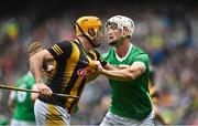 23 July 2023; Kyle Hayes of Limerick tussles with Billy Ryan of Kilkenny during the GAA Hurling All-Ireland Senior Championship final match between Kilkenny and Limerick at Croke Park in Dublin. Photo by David Fitzgerald/Sportsfile