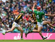 23 July 2023; Eoin Cody of Kilkenny shoots to score his side's first goal during the GAA Hurling All-Ireland Senior Championship final match between Kilkenny and Limerick at Croke Park in Dublin. Photo by David Fitzgerald/Sportsfile