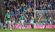 23 July 2023; Eoin Cody of Kilkenny shoots to score his side's first goal during the GAA Hurling All-Ireland Senior Championship final match between Kilkenny and Limerick at Croke Park in Dublin. Photo by Ramsey Cardy/Sportsfile