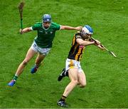 23 July 2023; Huw Lawlor of Kilkenny in action against David Reidy of Limerick during the GAA Hurling All-Ireland Senior Championship final match between Kilkenny and Limerick at Croke Park in Dublin. Photo by Daire Brennan/Sportsfile