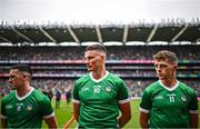 23 July 2023; Limerick players, from left, Darragh O'Donovan, Gearóid Hegarty and David Reidy before the GAA Hurling All-Ireland Senior Championship final match between Kilkenny and Limerick at Croke Park in Dublin. Photo by Ramsey Cardy/Sportsfile