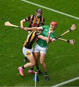 23 July 2023; Barry Nash of Limerick in action against Adrian Mullen of Kilkenny during the GAA Hurling All-Ireland Senior Championship final match between Kilkenny and Limerick at Croke Park in Dublin. Photo by Daire Brennan/Sportsfile