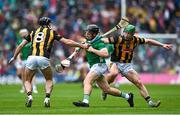 23 July 2023; Peter Casey of Limerick is tackled by Conor Fogarty, left, and Martin Keoghan of Kilkenny during the GAA Hurling All-Ireland Senior Championship final match between Kilkenny and Limerick at Croke Park in Dublin. Photo by Brendan Moran/Sportsfile