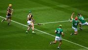 23 July 2023; Eoin Cody of Kilkenny scores his side's first goal during the GAA Hurling All-Ireland Senior Championship final match between Kilkenny and Limerick at Croke Park in Dublin. Photo by Daire Brennan/Sportsfile