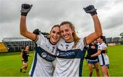 23 July 2023; Siofra Ni Chonaill, left, and Aisling Reidy of Clare celebrate their side’s victory after the TG4 LGFA All-Ireland Intermediate Championship semi-final match between Antrim and Clare at Glennon Brothers Pearse Park, Longford. Photo by Tom Beary/Sportsfile