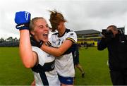 23 July 2023; Chloe Moloney, left, and Fidelma Marrinan of Clare celebrate their side’s victory after the TG4 LGFA All-Ireland Intermediate Championship semi-final match between Antrim and Clare at Glennon Brothers Pearse Park, Longford. Photo by Tom Beary/Sportsfile