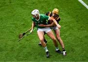 23 July 2023; Kyle Hayes of Limerick in action against John Donnelly of Kilkenny during the GAA Hurling All-Ireland Senior Championship final match between Kilkenny and Limerick at Croke Park in Dublin. Photo by Daire Brennan/Sportsfile