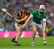 23 July 2023; Cian Lynch of Limerick is tackled by Mikey Butler of Kilkenny during the GAA Hurling All-Ireland Senior Championship final match between Kilkenny and Limerick at Croke Park in Dublin. Photo by Brendan Moran/Sportsfile