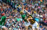 23 July 2023; Walter Walsh of Kilkenny in action against Barry Nash, left, and Dan Morrissey of Limerick during the GAA Hurling All-Ireland Senior Championship final match between Kilkenny and Limerick at Croke Park in Dublin. Photo by Sam Barnes/Sportsfile