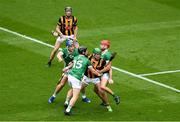 23 July 2023; Eoin Cody of Kilkenny in action against Limerick players, from left to right, Mike Casey, Peter Casey, and Barry Nash during the GAA Hurling All-Ireland Senior Championship final match between Kilkenny and Limerick at Croke Park in Dublin. Photo by Daire Brennan/Sportsfile