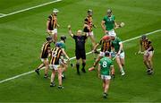 23 July 2023; Referee John Keenan instructs players to move back during the GAA Hurling All-Ireland Senior Championship final match between Kilkenny and Limerick at Croke Park in Dublin. Photo by Daire Brennan/Sportsfile
