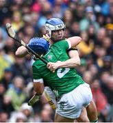 23 July 2023; TJ Reid of Kilkenny is fouled by Mike Casey of Limerick during the GAA Hurling All-Ireland Senior Championship final match between Kilkenny and Limerick at Croke Park in Dublin. Photo by Piaras Ó Mídheach/Sportsfile