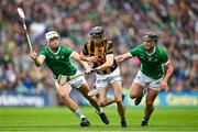 23 July 2023; Tom Phelan of Kilkenny is tackled by Kyle Hayes, left, and Darragh O'Donovan of Limerick during the GAA Hurling All-Ireland Senior Championship final match between Kilkenny and Limerick at Croke Park in Dublin. Photo by Brendan Moran/Sportsfile