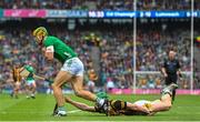 23 July 2023; Dan Morrissey of Limerick in action against Martin Keoghan of Kilkenny during the GAA Hurling All-Ireland Senior Championship final match between Kilkenny and Limerick at Croke Park in Dublin. Photo by Ramsey Cardy/Sportsfile