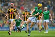 23 July 2023; Séamus Flanagan of Limerick has a shot on goal during the GAA Hurling All-Ireland Senior Championship final match between Kilkenny and Limerick at Croke Park in Dublin. Photo by Sam Barnes/Sportsfile