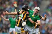 23 July 2023; Kyle Hayes of Limerick is tackled by Tom Phelan of Kilkenny during the GAA Hurling All-Ireland Senior Championship final match between Kilkenny and Limerick at Croke Park in Dublin. Photo by Brendan Moran/Sportsfile