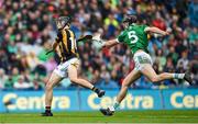 23 July 2023; Tom Phelan of Kilkenny is hooked by Diarmaid Byrnes of Limerick during the GAA Hurling All-Ireland Senior Championship final match between Kilkenny and Limerick at Croke Park in Dublin. Photo by Brendan Moran/Sportsfile