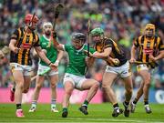 23 July 2023; Darragh O'Donovan of Limerick is tackled by  Adrian Mullen and Tommy Walsh during the GAA Hurling All-Ireland Senior Championship final match between Kilkenny and Limerick at Croke Park in Dublin. Photo by Brendan Moran/Sportsfile