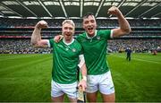 23 July 2023; Cian Lynch, left, and Kyle Hayes of Limerick celebrate after the GAA Hurling All-Ireland Senior Championship final match between Kilkenny and Limerick at Croke Park in Dublin. Photo by David Fitzgerald/Sportsfile