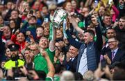 23 July 2023; Limerick players Cian Lynch, left, and Declan Hannon lift the Liam MacCarthy Cup after his side's victory in  the GAA Hurling All-Ireland Senior Championship final match between Kilkenny and Limerick at Croke Park in Dublin. Photo by Sam Barnes/Sportsfile