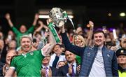 23 July 2023; Limerick players Cian Lynch, left, and Declan Hannon lift the Liam MacCarthy Cup after his side's victory in  the GAA Hurling All-Ireland Senior Championship final match between Kilkenny and Limerick at Croke Park in Dublin. Photo by Piaras Ó Mídheach/Sportsfile