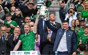 23 July 2023; Limerick players Cian Lynch, left, and Declan Hannon lift the Liam MacCarthy Cup after his side's victory in the GAA Hurling All-Ireland Senior Championship final match between Kilkenny and Limerick at Croke Park in Dublin. Photo by Brendan Moran/Sportsfile