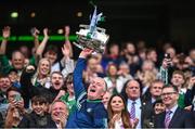 23 July 2023; Limerick manager John Kiely lifts the Liam MacCarthy Cup after his side's victory in the GAA Hurling All-Ireland Senior Championship final match between Kilkenny and Limerick at Croke Park in Dublin. Photo by Ramsey Cardy/Sportsfile