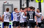 23 July 2023; Hayden Muller of Dundalk, centre, celebrates with teammates after scoring their side's first goal during the Sports Direct Men’s FAI Cup First Round match between Dundalk and Shamrock Rovers at Oriel Park in Dundalk, Louth. Photo by Ben McShane/Sportsfile