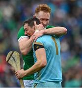 23 July 2023; Limerick players William O'Donoghue, left, and Nickie Quaid celebrate after the GAA Hurling All-Ireland Senior Championship final match between Kilkenny and Limerick at Croke Park in Dublin. Photo by Sam Barnes/Sportsfile