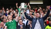 23 July 2023; Limerick players Cian Lynch, left, and Declan Hannon lift the Liam MacCarthy Cup after his side's victory in the GAA Hurling All-Ireland Senior Championship final match between Kilkenny and Limerick at Croke Park in Dublin. Photo by Ramsey Cardy/Sportsfile