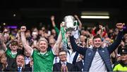 23 July 2023; Limerick players Cian Lynch, left, and Declan Hannon lift the Liam MacCarthy Cup after his side's victory in the GAA Hurling All-Ireland Senior Championship final match between Kilkenny and Limerick at Croke Park in Dublin. Photo by Ramsey Cardy/Sportsfile