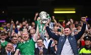 23 July 2023; Limerick players Cian Lynch, left, and Declan Hannon lift the Liam MacCarthy Cup after his side's victory in the GAA Hurling All-Ireland Senior Championship final match between Kilkenny and Limerick at Croke Park in Dublin. Photo by Ramsey Cardy/Sportsfile