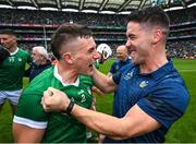 23 July 2023; Mike Casey of Limerick celebrates with his teammate Sean Finn after the GAA Hurling All-Ireland Senior Championship final match between Kilkenny and Limerick at Croke Park in Dublin. Photo by David Fitzgerald/Sportsfile