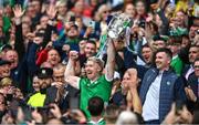 23 July 2023; Limerick players Cian Lynch, left, and Declan Hannon lift the Liam MacCarthy after his side's victory in the GAA Hurling All-Ireland Senior Championship final match between Kilkenny and Limerick at Croke Park in Dublin. Photo by Sam Barnes/Sportsfile