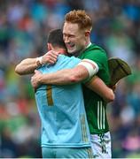 23 July 2023; Limerick players Nickie Quaid, left, and William O'Donoghue celebrate after the GAA Hurling All-Ireland Senior Championship final match between Kilkenny and Limerick at Croke Park in Dublin. Photo by Sam Barnes/Sportsfile