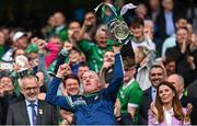 23 July 2023; Limerick manager John Kiely lifts the Liam MacCarthy cup after the GAA Hurling All-Ireland Senior Championship final match between Kilkenny and Limerick at Croke Park in Dublin. Photo by Piaras Ó Mídheach/Sportsfile