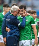 23 July 2023; Limerick manager John Kiely and Aaron Gillane after the GAA Hurling All-Ireland Senior Championship final match between Kilkenny and Limerick at Croke Park in Dublin. Photo by Brendan Moran/Sportsfile
